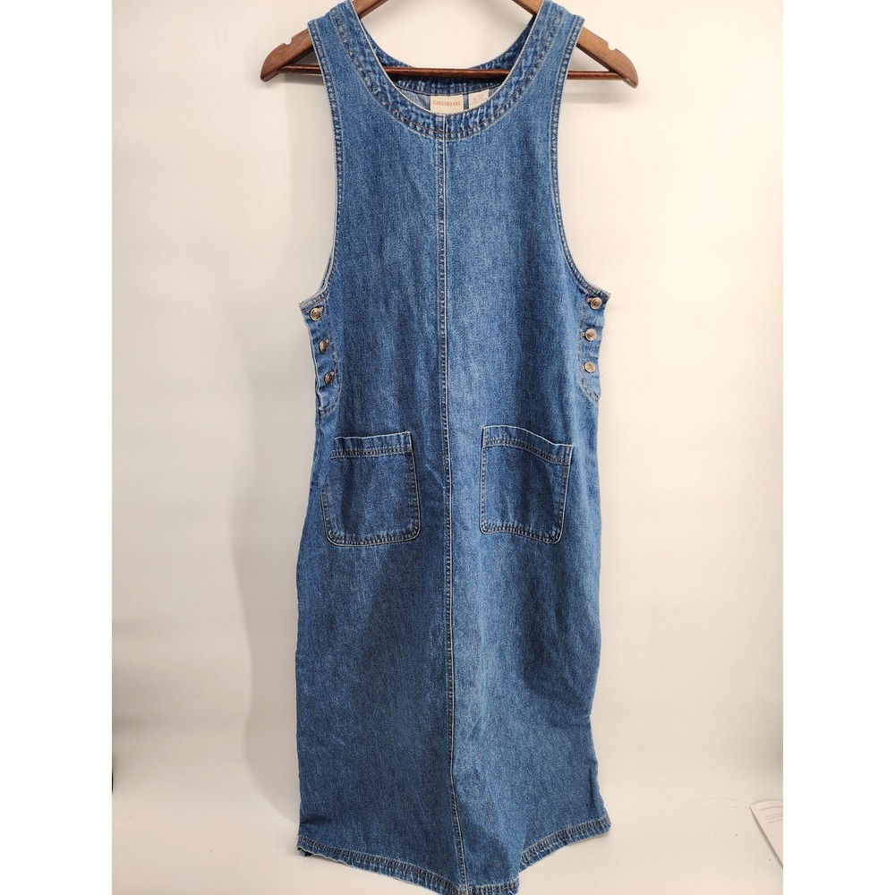 Crossroads Vintage Denim Pinafore Midi Dress Blue Cotton Pockets